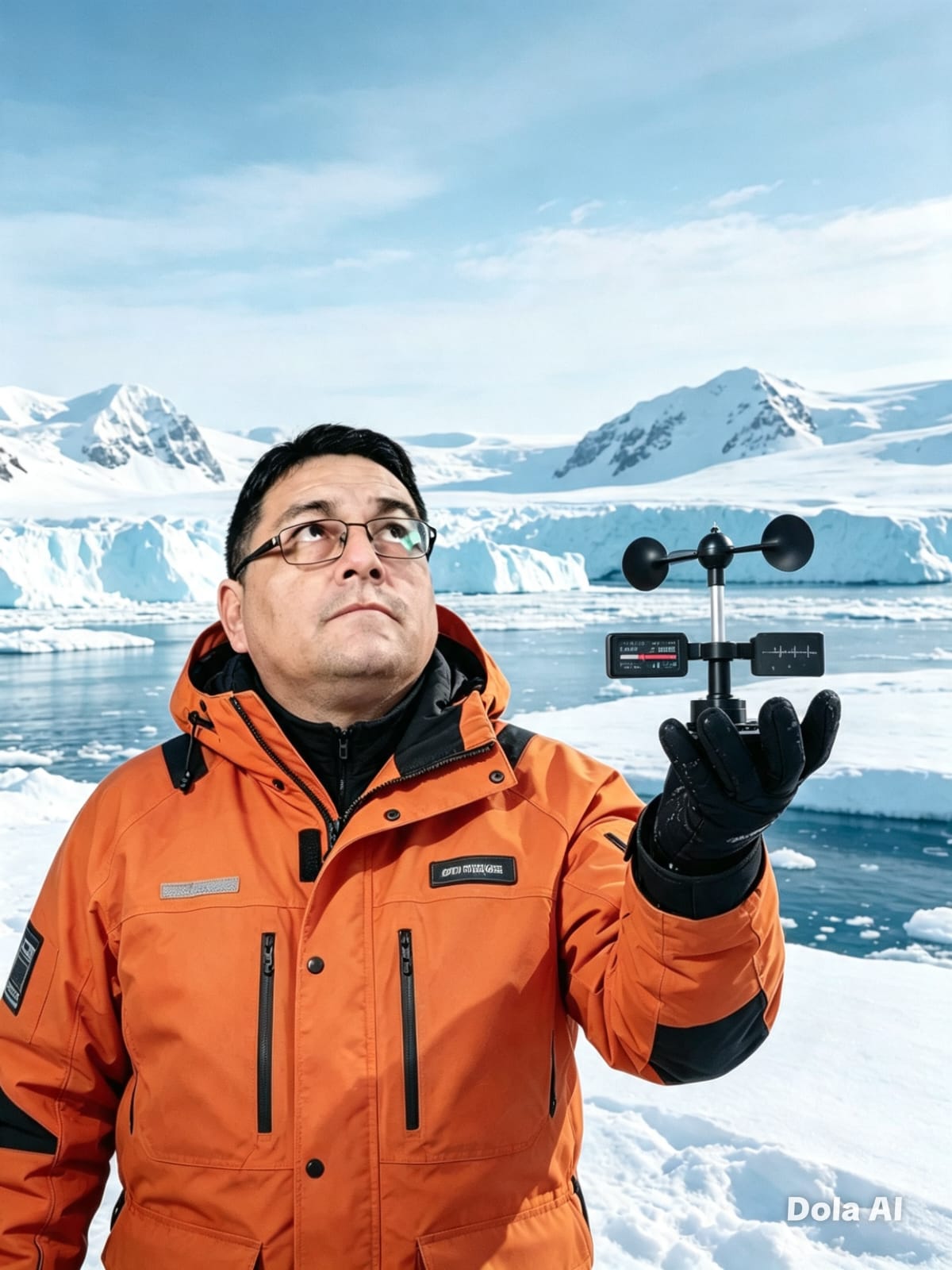 Facundo con una campera naranja frente a un paisaje nevado
